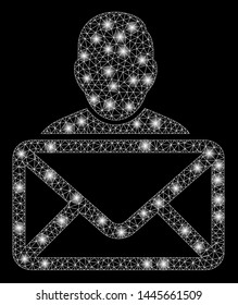 Bright mesh mail recipient with glare effect. Abstract illuminated model of mail recipient icon. Shiny wire carcass triangular mesh mail recipient. Vector abstraction on a black background.