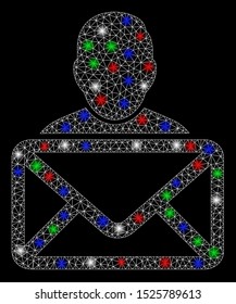 Bright mesh mail recipient with glow effect. White wire carcass polygonal mesh in vector format on a black background. Abstract 2d mesh designed with polygonal grid, spheric points,