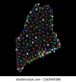 Bright mesh Maine Land map with glow effect. Wire frame polygonal mesh in vector format on a black background. Abstract 2d mesh designed with polygonal grid, small circle, colorful light spots.