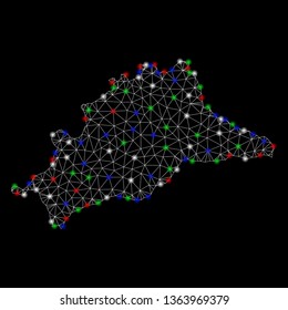Bright mesh Malaga Province map with glare effect. Wire carcass triangular mesh in vector format on a black background. Abstract 2d mesh designed with triangular lines, round dots,