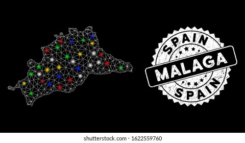 Bright mesh Malaga Province map with glare effect, and seal stamp. Wire carcass triangular Malaga Province map mesh in vector format on a black background.