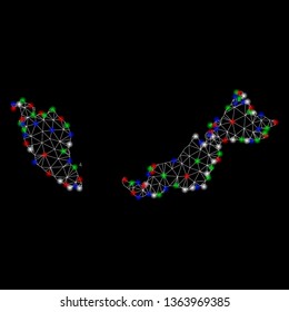 Bright mesh Malaysia map with glare effect. Wire carcass triangular mesh in vector format on a black background. Abstract 2d mesh designed with triangles, spheric points, colored glare spots.