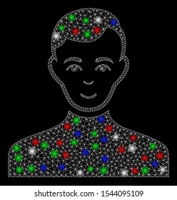 Bright mesh male with glare effect. White wire frame polygonal mesh in vector format on a black background. Abstract 2d mesh designed with polygonal grid, points, colorful flash spots.