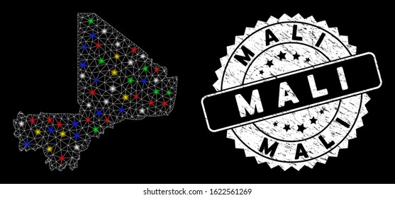 Bright mesh Mali map with glow effect, and seal stamp. Wire carcass polygonal Mali map mesh in vector format on a black background. White round watermark with rubber textures.
