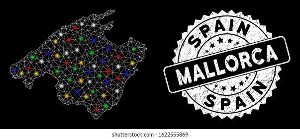 Bright mesh Mallorca map with glow effect, and stamp. Wire frame polygonal Mallorca map mesh in vector format on a black background. White round seal with grunge surface.