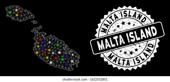 Bright mesh Malta Island map with glare effect, and seal stamp. Wire frame polygonal Malta Island map mesh in vector format on a black background. White round rubber seal with grunge surface.