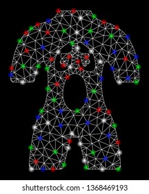 Bright mesh man anatomy with glare effect. White wire carcass polygonal mesh in vector format on a black background. Abstract 2d mesh designed with polygonal grid, round dots, colorful light spots.