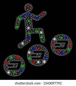 Bright mesh man climb Dash coins with glow effect. White wire carcass polygonal mesh in vector format on a black background. Abstract 2d mesh designed with polygonal grid, round dots,