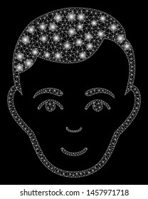 Bright mesh man face with sparkle effect. Abstract illuminated model of man face icon. Shiny wire carcass triangular mesh man face. Vector abstraction on a black background.