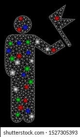 Bright mesh man with flag with glow effect. White wire frame triangular mesh in vector format on a black background. Abstract 2d mesh designed with triangular lines, dots, colored flash spots.