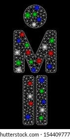Bright mesh man with glare effect. White wire carcass triangular mesh in vector format on a black background. Abstract 2d mesh designed with triangular lines, dots, colored flash spots.