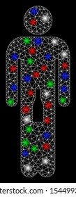 Bright mesh man with glare effect. White wire frame triangular mesh in vector format on a black background. Abstract 2d mesh created from triangular lines, points, colorful glare spots.