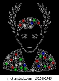 Bright mesh man glory with glow effect. White wire frame polygonal network in vector format on a black background. Abstract 2d mesh designed with polygonal grid, small circle, colorful light spots.