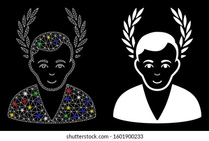 Bright mesh man glory icon with glare effect. Abstract illuminated model of man glory. Shiny wire frame triangular mesh man glory icon. Vector abstraction on a black background.
