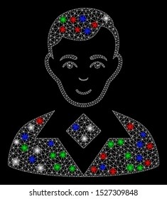 Bright mesh man with glow effect. White wire frame triangular mesh in vector format on a black background. Abstract 2d mesh designed with polygonal grid, round dots, colorful flash spots.
