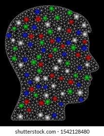 Bright mesh man head profile with glow effect. White wire frame polygonal mesh in vector format on a black background. Abstract 2d mesh designed with polygonal grid, points, colored flash spots.
