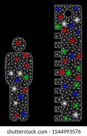 Bright mesh man height with glare effect. White wire carcass triangular network in vector format on a black background. Abstract 2d mesh designed with triangular lines, small circle,