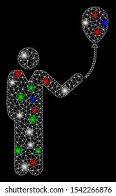 Bright mesh man with holiday balloon with glow effect. White wire frame triangular mesh in vector format on a black background. Abstract 2d mesh designed with polygonal grid, small circle,