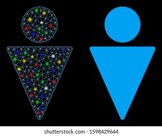 Bright mesh man icon with glitter effect. Abstract illuminated model of man. Shiny wire carcass polygonal mesh man icon. Vector abstraction on a black background.