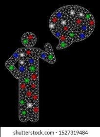 Bright mesh man idea balloon with glow effect. White wire carcass polygonal mesh in vector format on a black background. Abstract 2d mesh created from polygonal grid, small circle,