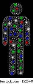 Bright mesh man with lightspot effect. White wire carcass triangular mesh in vector format on a black background. Abstract 2d mesh designed with triangular lines, spheric points, colorful flare spots.