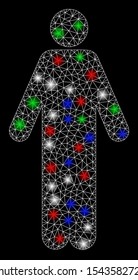 Bright mesh man with lightspot effect. White wire carcass triangular mesh in vector format on a black background. Abstract 2d mesh built from triangular lines, dots, colored glare spots.