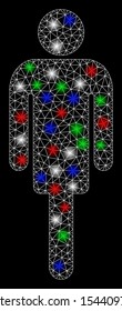 Bright mesh man with lightspot effect. White wire carcass polygonal mesh in vector format on a black background. Abstract 2d mesh designed with polygonal grid, points, colored flare spots.