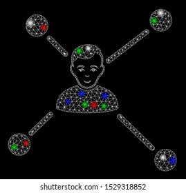 Bright mesh man links with lightspot effect. White wire frame polygonal mesh in vector format on a black background. Abstract 2d mesh designed with polygonal grid, round dots, colored light spots.