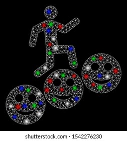 Bright mesh man steps smile levels with glow effect. White wire carcass triangular mesh in vector format on a black background. Abstract 2d mesh designed with triangular lines, points,