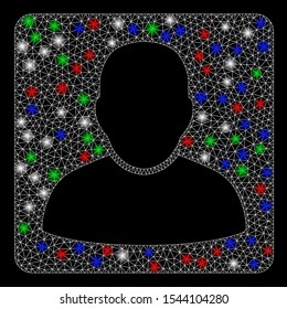 Bright mesh man vcard with lightspot effect. White wire frame polygonal mesh in vector format on a black background. Abstract 2d mesh designed with polygonal grid, round dots, colored light spots.