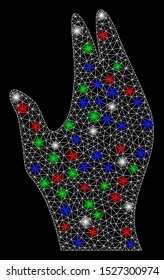 Bright mesh manage hand with glare effect. White wire carcass triangular network in vector format on a black background. Abstract 2d mesh designed with triangular lines, points, colorful glare spots.