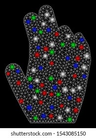 Bright mesh manage hand with lightspot effect. White wire carcass polygonal mesh in vector format on a black background. Abstract 2d mesh designed with polygonal grid, points, colorful glare spots.