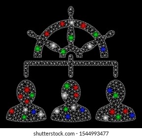 Bright mesh management steering wheel with lightspot effect. White wire carcass polygonal mesh in vector format on a black background. Abstract 2d mesh designed with triangles, small circle,