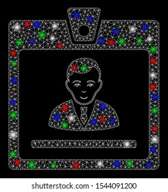 Bright mesh manager badge with glare effect. White wire frame triangular network in vector format on a black background. Abstract 2d mesh designed with triangular lines, points, colorful glare spots.