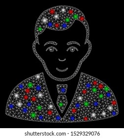 Bright mesh manager with glare effect. White wire frame polygonal mesh in vector format on a black background. Abstract 2d mesh designed with polygonal grid, small circle, colored glare spots.