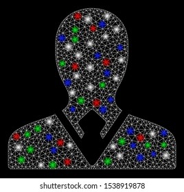 Bright mesh manager with glare effect. White wire carcass polygonal network in vector format on a black background. Abstract 2d mesh built from polygonal grid, dots, colorful glare spots.