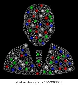 Bright mesh manager with glare effect. White wire carcass polygonal mesh in vector format on a black background. Abstract 2d mesh designed with triangular lines, round dots, colorful light spots.
