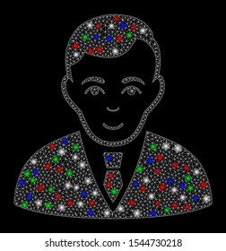 Bright mesh manager with glare effect. White wire frame triangular mesh in vector format on a black background. Abstract 2d mesh designed with triangular lines, round dots, colored flare spots.