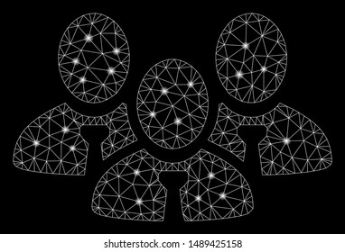 Bright mesh manager group with glare effect. Abstract illuminated model of manager group icon. Shiny wire carcass triangular mesh manager group. Vector abstraction on a black background.