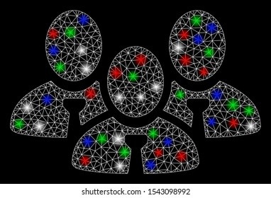 Bright mesh manager group with glare effect. White wire frame polygonal mesh in vector format on a black background. Abstract 2d mesh designed with triangles, dots, colorful flash spots.