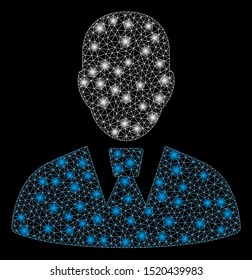 Bright mesh manager with lightspot effect. Abstract illuminated model of manager icon. Shiny wire frame polygonal mesh manager. Vector abstraction on a black background.