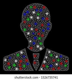 Bright mesh manager with lightspot effect. White wire carcass triangular mesh in vector format on a black background. Abstract 2d mesh designed with triangular lines, points, colorful glare spots.