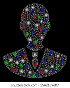Bright mesh manager with lightspot effect. White wire frame triangular mesh in vector format on a black background. Abstract 2d mesh designed with triangular lines, round dots, colored flash spots.