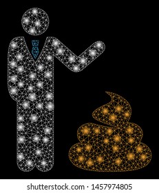 Bright mesh manager show shit with sparkle effect. Abstract illuminated model of manager show shit icon. Shiny wire carcass triangular mesh manager show shit. Vector abstraction on a black background.