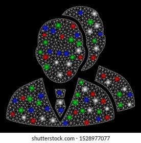Bright mesh managers with glare effect. White wire frame polygonal mesh in vector format on a black background. Abstract 2d mesh built from polygonal grid, points, colorful light spots.