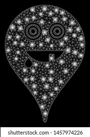 Bright mesh maniac smiley map marker with glitter effect. Abstract illuminated model of maniac smiley map marker icon. Shiny wire carcass polygonal mesh maniac smiley map marker.
