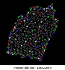 Bright mesh Manipur State map with glare effect. Wire frame polygonal mesh in vector format on a black background. Abstract 2d mesh designed with triangles, dots, colored flash spots.