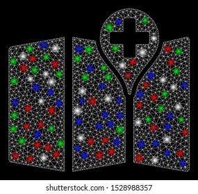 Bright mesh map with glare effect. White wire carcass triangular mesh in vector format on a black background. Abstract 2d mesh designed with triangular lines, dots, colored flash spots.