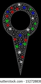 Bright mesh map marker with glare effect. White wire frame triangular mesh in vector format on a black background. Abstract 2d mesh designed with triangles, round dots, colorful light spots.