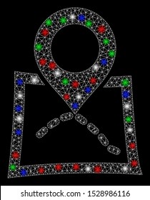 Bright mesh map marker with glare effect. White wire frame polygonal mesh in vector format on a black background. Abstract 2d mesh designed with polygonal grid, points, colorful flare spots.